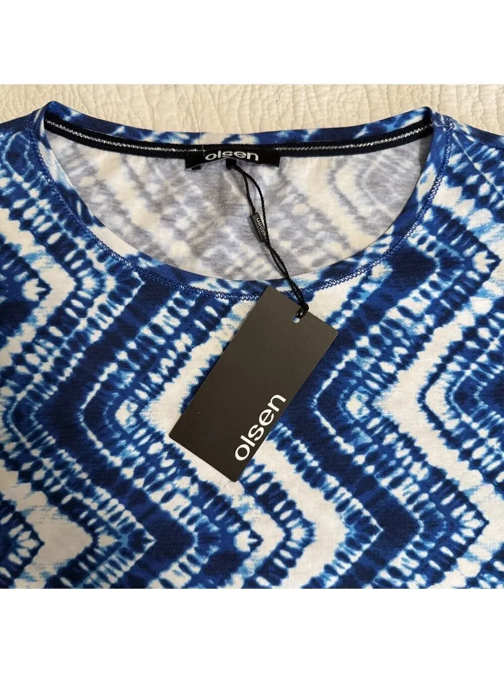 Olsen Blue White Tie Dye Chevron Short Sleeve Cotton Top T-Shirt Womens Size 6 - Picture 7 of 12